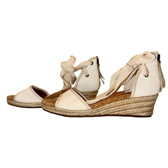 UGG Amell Womens Wedge Sandals 8 Beige Canvas Espadrille Ankle Wrap Zip Cork EUC - Picture 4 of 11
